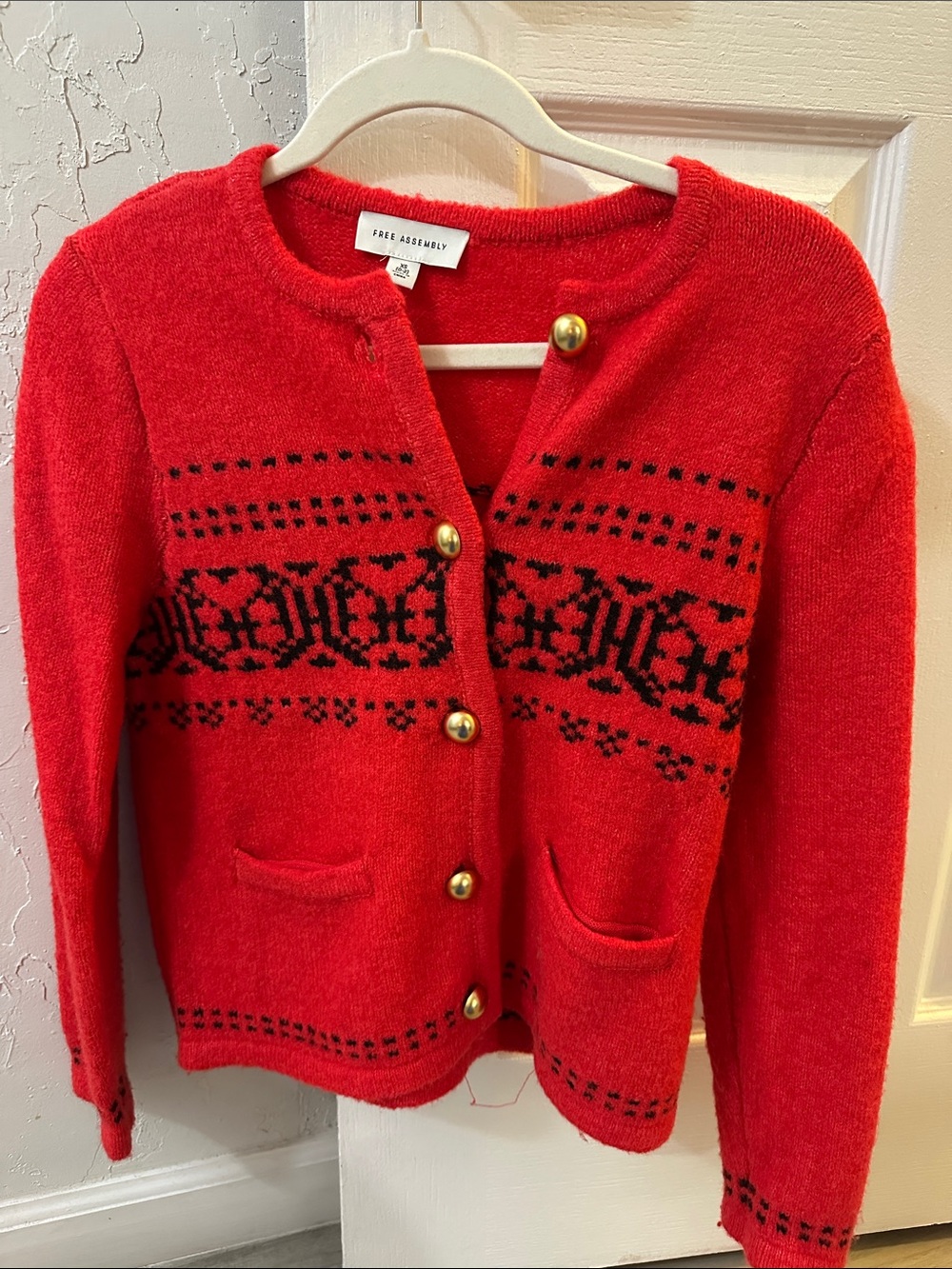Red Crewneck Cardigan with Black Fair Isle Motif